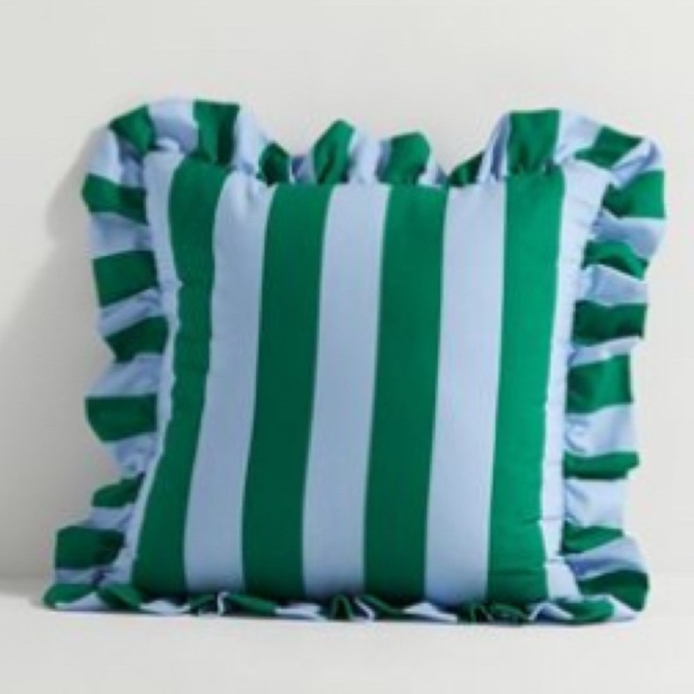 Anthropologie Green and Blue Patio Pillow with Ruffled Edges